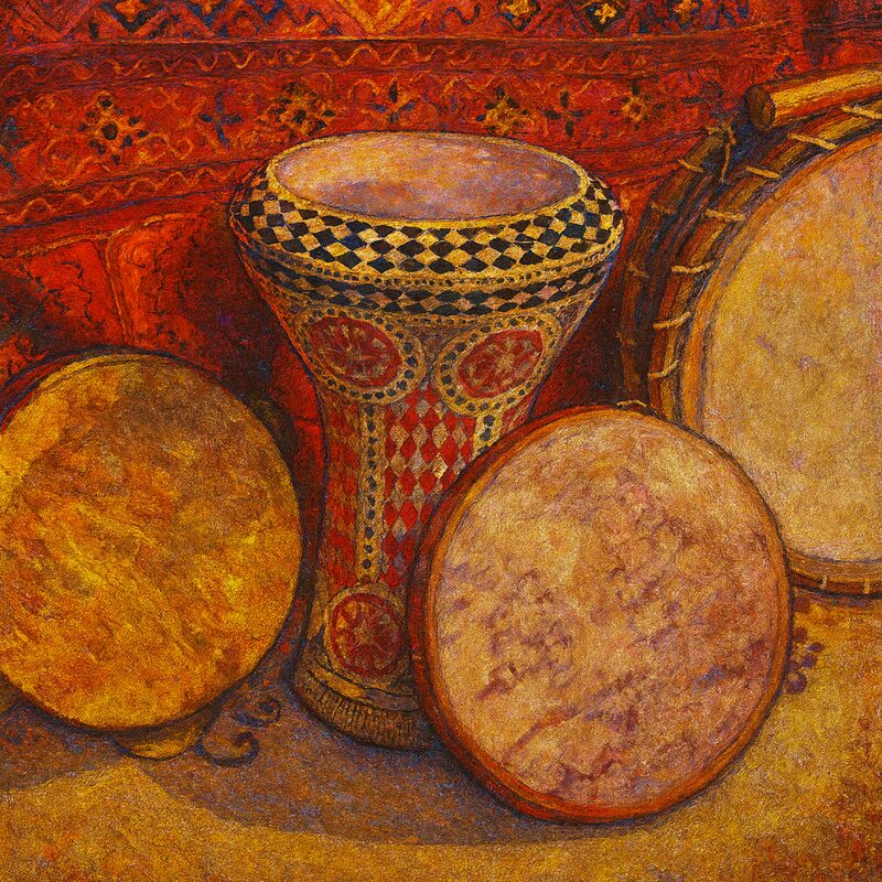 Painting of an ornate inlaid dumbek surrounded by frame drums on a patterned red carpet